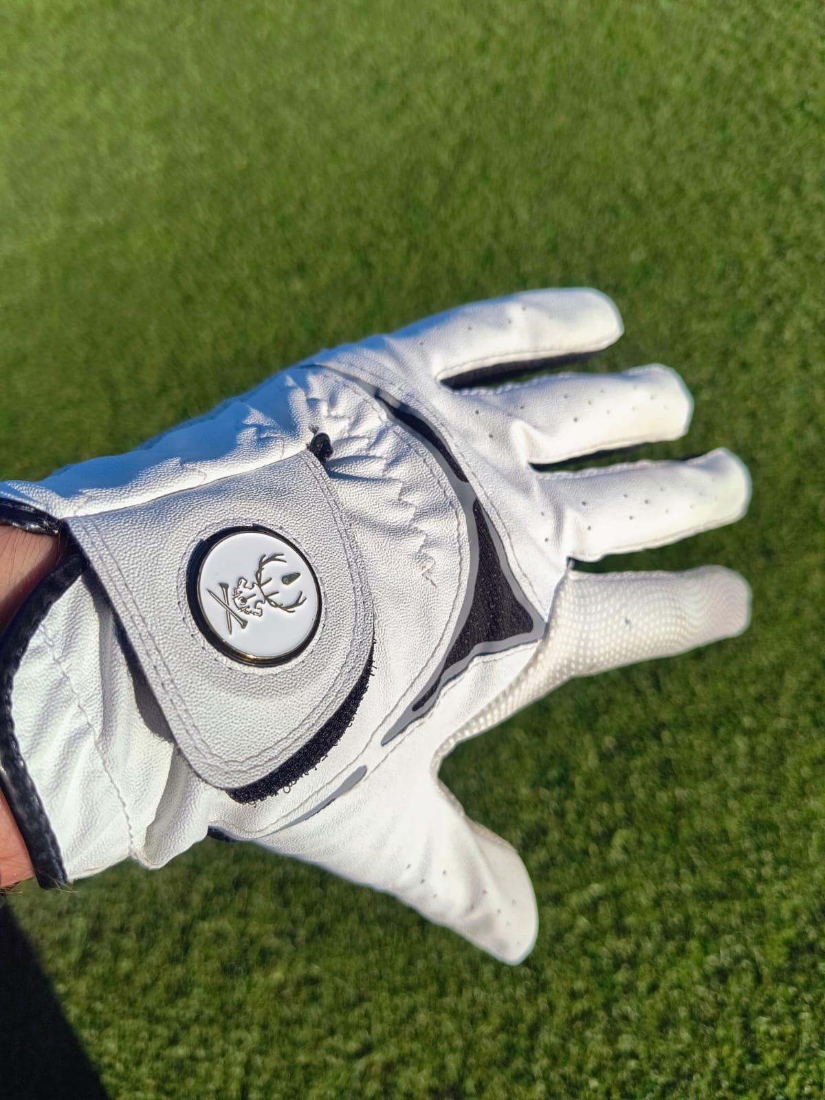 Beshteeya ball marker attached to the magnetic holder on a white golf glove, worn on a hand over grass
