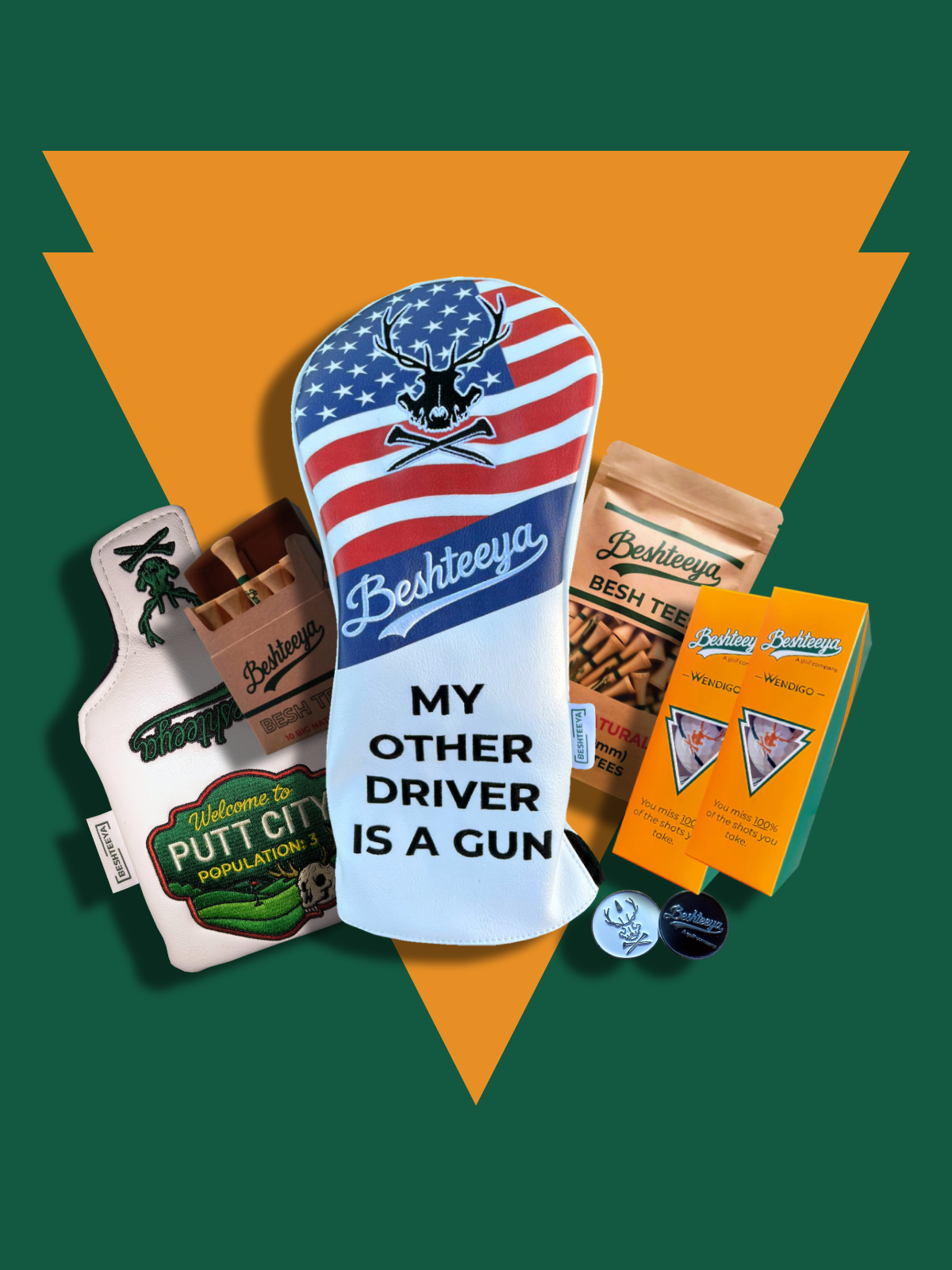 Flat lay of the Big Beshteeya Bundle contents – USA driver headcover, Putt City putter headcover, two Wendigo ball sleeves, tee bags, ball marker, and stickers